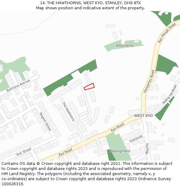 14, THE HAWTHORNS, WEST KYO, STANLEY, DH9 8TX: Location map and indicative extent of plot