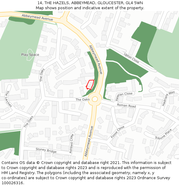 14, THE HAZELS, ABBEYMEAD, GLOUCESTER, GL4 5WN: Location map and indicative extent of plot