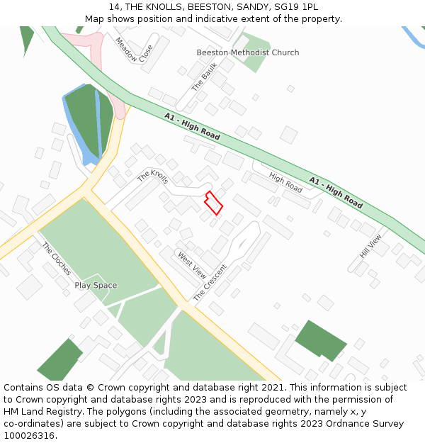 14, THE KNOLLS, BEESTON, SANDY, SG19 1PL: Location map and indicative extent of plot