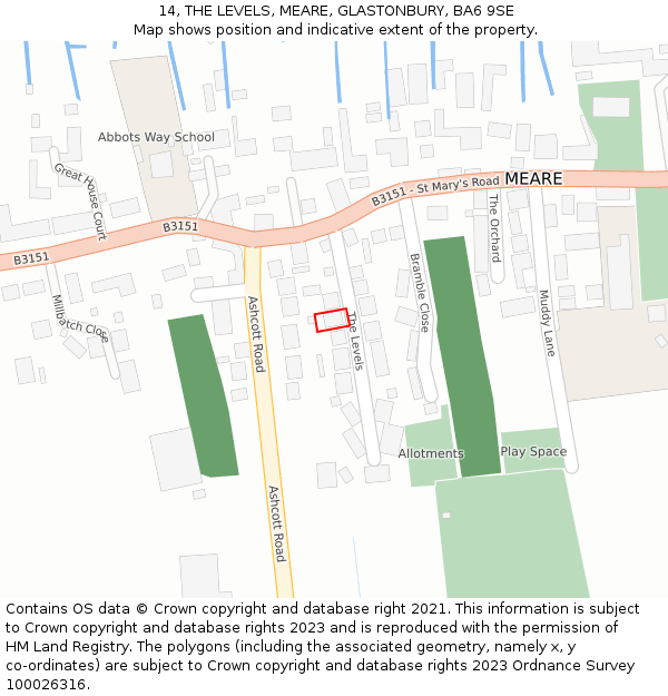 14, THE LEVELS, MEARE, GLASTONBURY, BA6 9SE: Location map and indicative extent of plot