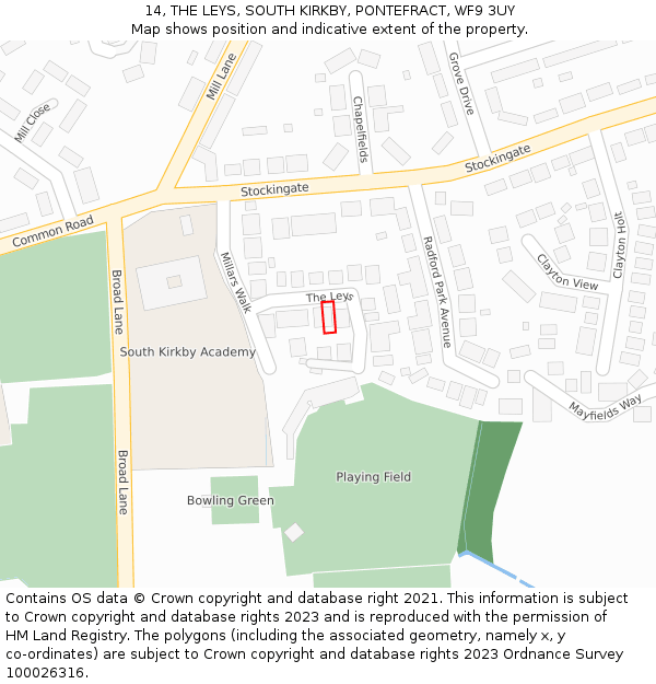 14, THE LEYS, SOUTH KIRKBY, PONTEFRACT, WF9 3UY: Location map and indicative extent of plot