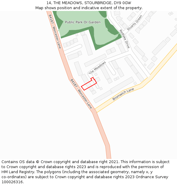 14, THE MEADOWS, STOURBRIDGE, DY9 0GW: Location map and indicative extent of plot