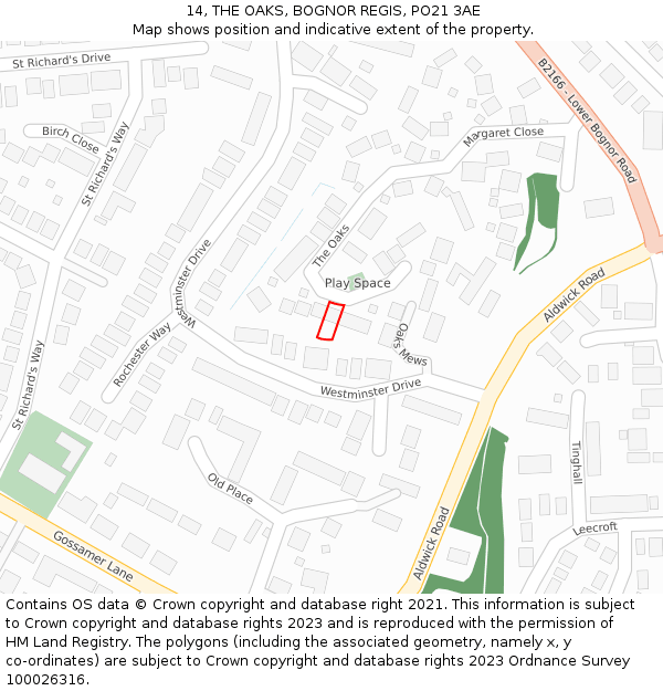 14, THE OAKS, BOGNOR REGIS, PO21 3AE: Location map and indicative extent of plot