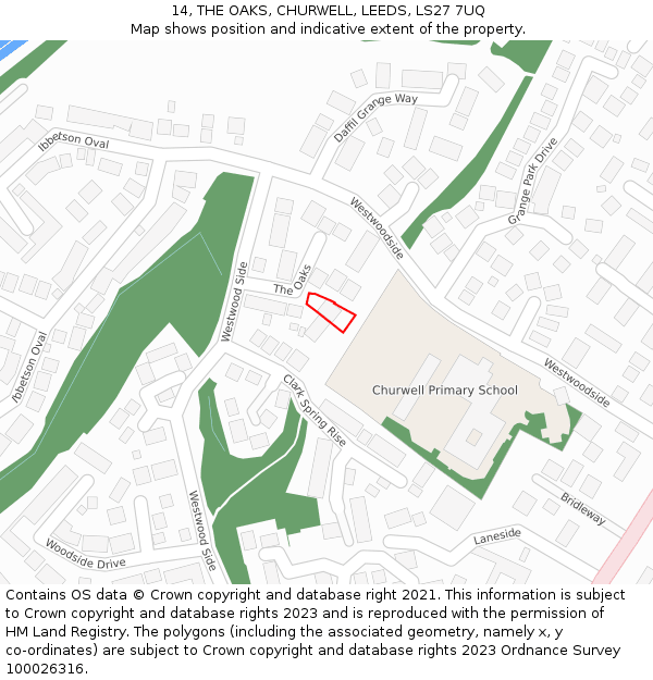 14, THE OAKS, CHURWELL, LEEDS, LS27 7UQ: Location map and indicative extent of plot