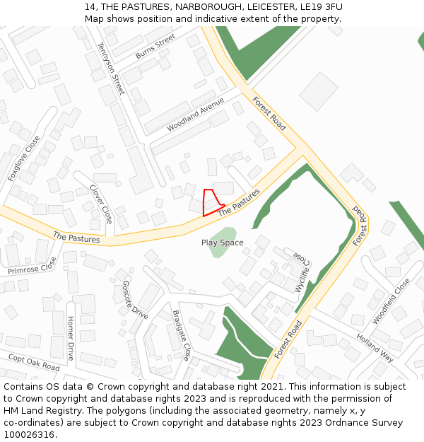 14, THE PASTURES, NARBOROUGH, LEICESTER, LE19 3FU: Location map and indicative extent of plot