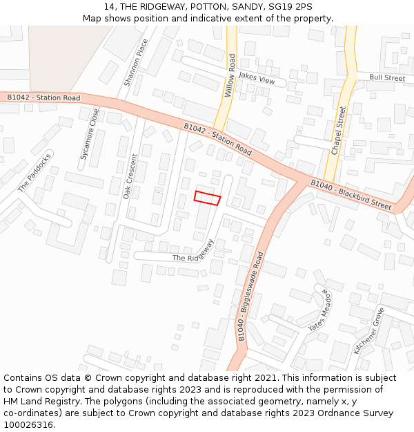 14, THE RIDGEWAY, POTTON, SANDY, SG19 2PS: Location map and indicative extent of plot