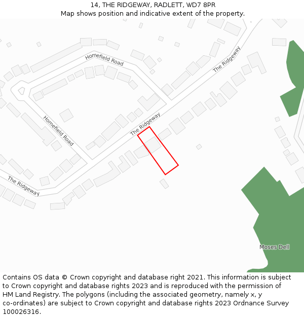 14, THE RIDGEWAY, RADLETT, WD7 8PR: Location map and indicative extent of plot