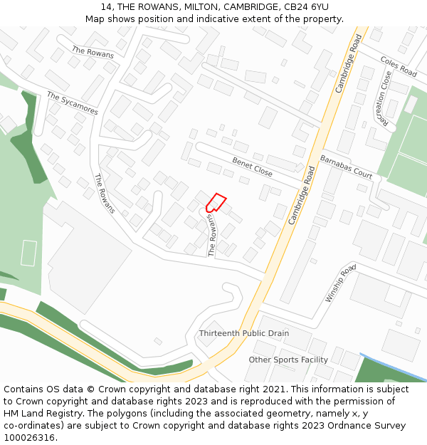 14, THE ROWANS, MILTON, CAMBRIDGE, CB24 6YU: Location map and indicative extent of plot