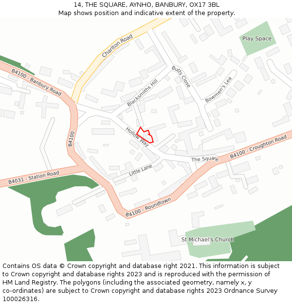 14, THE SQUARE, AYNHO, BANBURY, OX17 3BL: Location map and indicative extent of plot