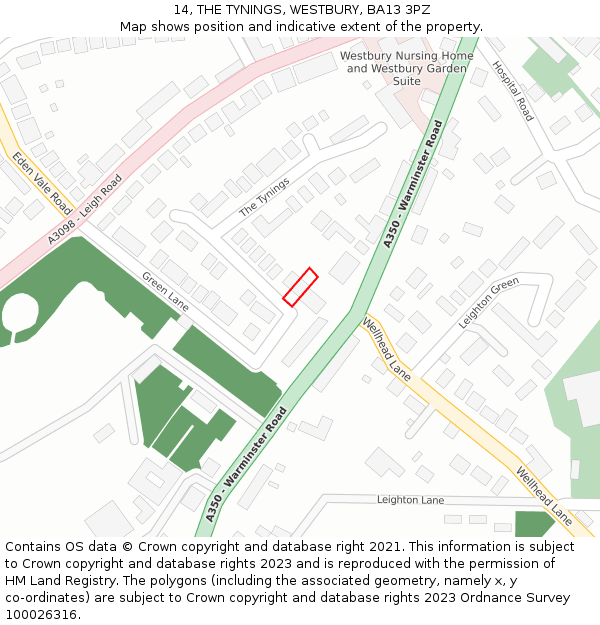 14, THE TYNINGS, WESTBURY, BA13 3PZ: Location map and indicative extent of plot