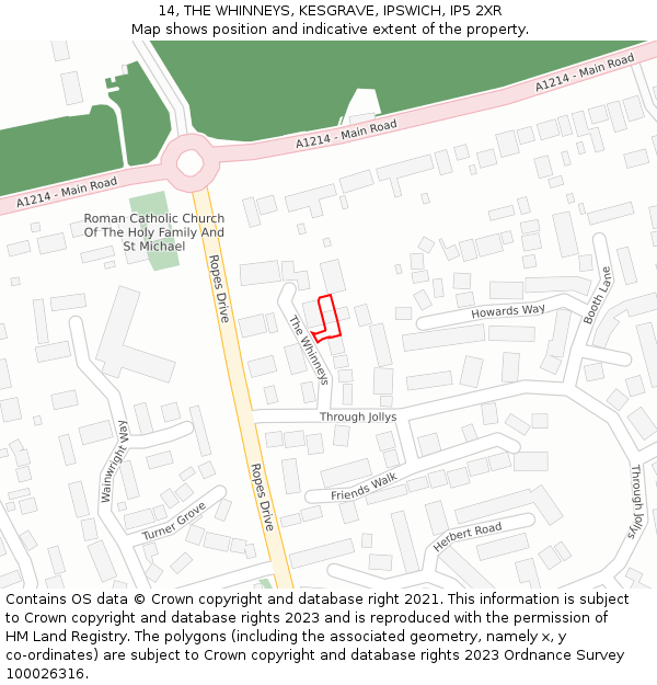 14, THE WHINNEYS, KESGRAVE, IPSWICH, IP5 2XR: Location map and indicative extent of plot