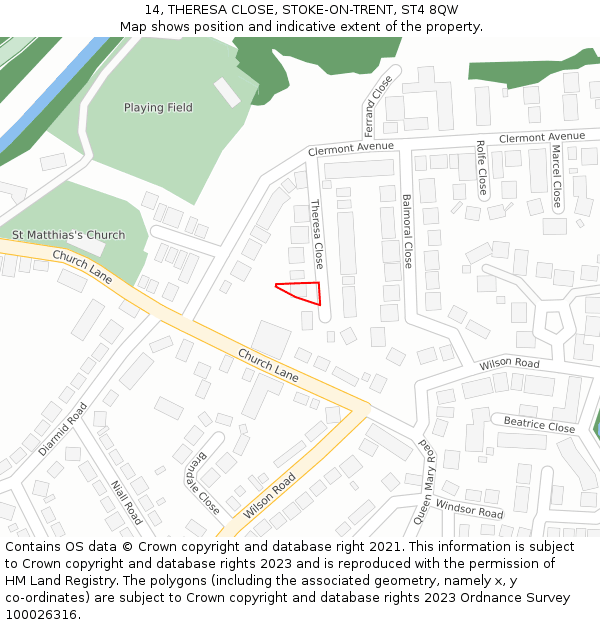 14, THERESA CLOSE, STOKE-ON-TRENT, ST4 8QW: Location map and indicative extent of plot