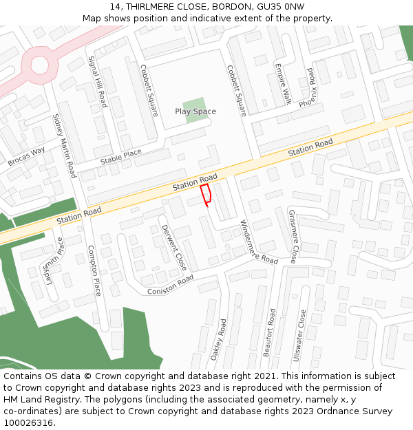 14, THIRLMERE CLOSE, BORDON, GU35 0NW: Location map and indicative extent of plot