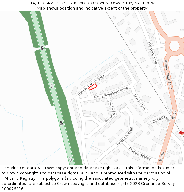 14, THOMAS PENSON ROAD, GOBOWEN, OSWESTRY, SY11 3GW: Location map and indicative extent of plot