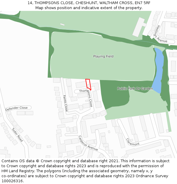 14, THOMPSONS CLOSE, CHESHUNT, WALTHAM CROSS, EN7 5RF: Location map and indicative extent of plot