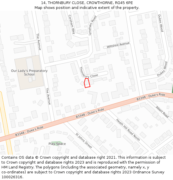 14, THORNBURY CLOSE, CROWTHORNE, RG45 6PE: Location map and indicative extent of plot