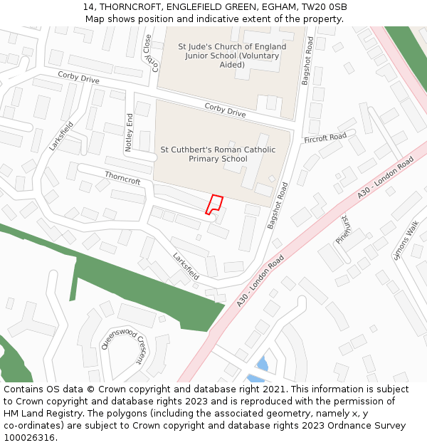 14, THORNCROFT, ENGLEFIELD GREEN, EGHAM, TW20 0SB: Location map and indicative extent of plot