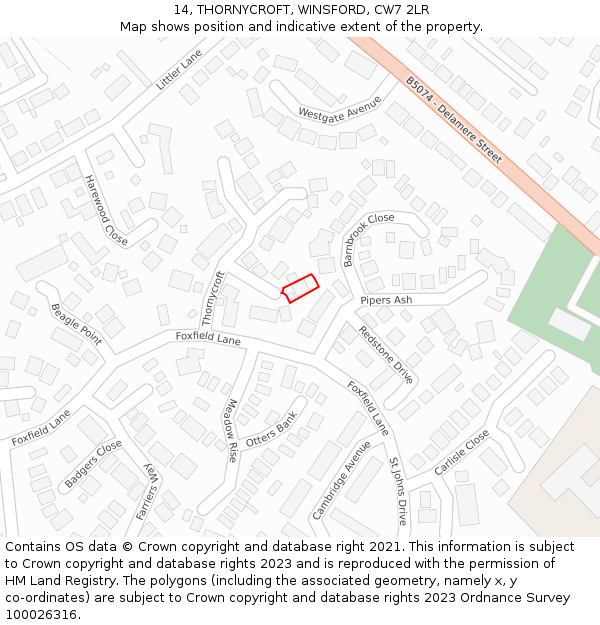 14, THORNYCROFT, WINSFORD, CW7 2LR: Location map and indicative extent of plot