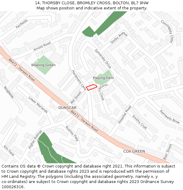 14, THORSBY CLOSE, BROMLEY CROSS, BOLTON, BL7 9NW: Location map and indicative extent of plot