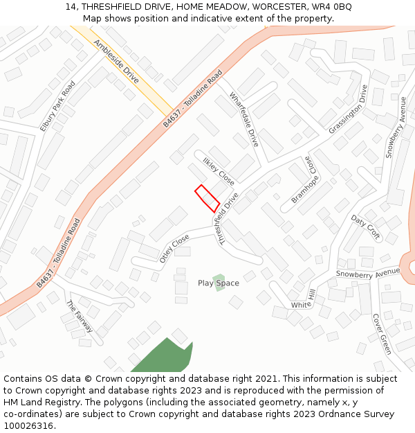 14, THRESHFIELD DRIVE, HOME MEADOW, WORCESTER, WR4 0BQ: Location map and indicative extent of plot