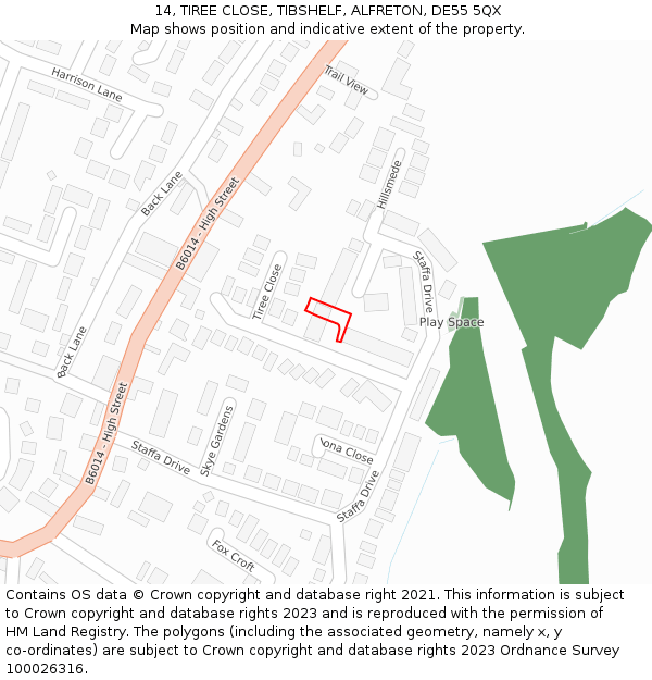 14, TIREE CLOSE, TIBSHELF, ALFRETON, DE55 5QX: Location map and indicative extent of plot