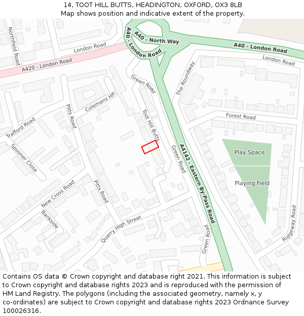 14, TOOT HILL BUTTS, HEADINGTON, OXFORD, OX3 8LB: Location map and indicative extent of plot