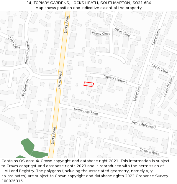 14, TOPIARY GARDENS, LOCKS HEATH, SOUTHAMPTON, SO31 6RX: Location map and indicative extent of plot