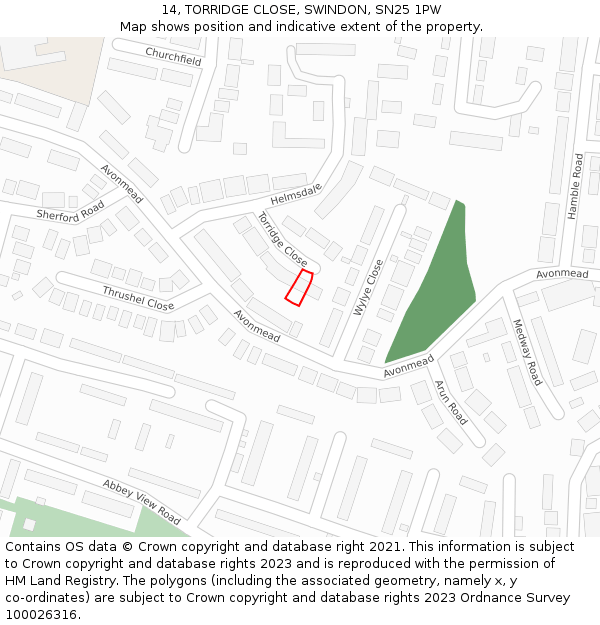 14, TORRIDGE CLOSE, SWINDON, SN25 1PW: Location map and indicative extent of plot