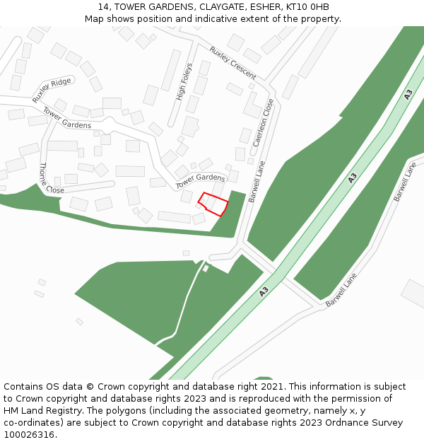 14, TOWER GARDENS, CLAYGATE, ESHER, KT10 0HB: Location map and indicative extent of plot