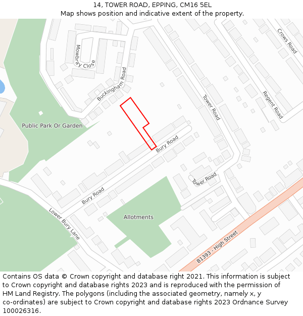 14, TOWER ROAD, EPPING, CM16 5EL: Location map and indicative extent of plot