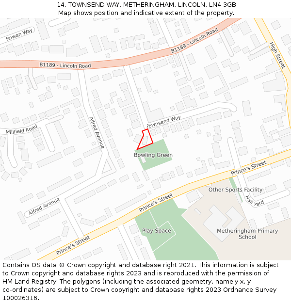 14, TOWNSEND WAY, METHERINGHAM, LINCOLN, LN4 3GB: Location map and indicative extent of plot