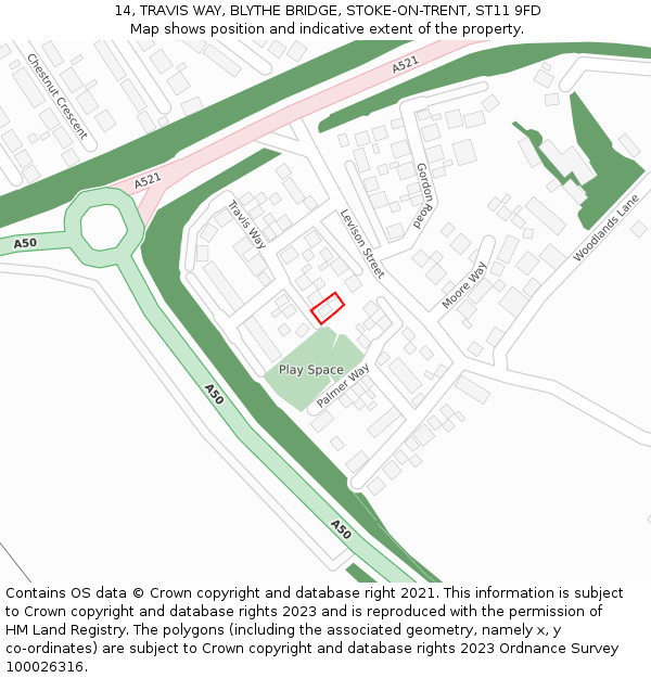 14, TRAVIS WAY, BLYTHE BRIDGE, STOKE-ON-TRENT, ST11 9FD: Location map and indicative extent of plot