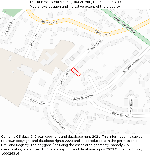 14, TREDGOLD CRESCENT, BRAMHOPE, LEEDS, LS16 9BR: Location map and indicative extent of plot
