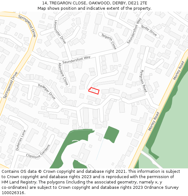 14, TREGARON CLOSE, OAKWOOD, DERBY, DE21 2TE: Location map and indicative extent of plot