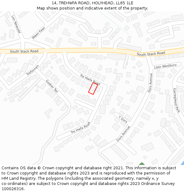 14, TREHWFA ROAD, HOLYHEAD, LL65 1LE: Location map and indicative extent of plot