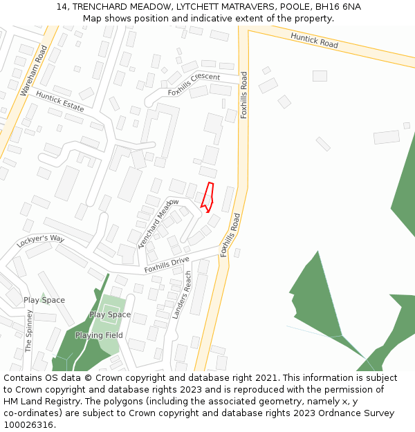 14, TRENCHARD MEADOW, LYTCHETT MATRAVERS, POOLE, BH16 6NA: Location map and indicative extent of plot