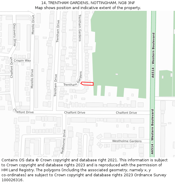 14, TRENTHAM GARDENS, NOTTINGHAM, NG8 3NF: Location map and indicative extent of plot