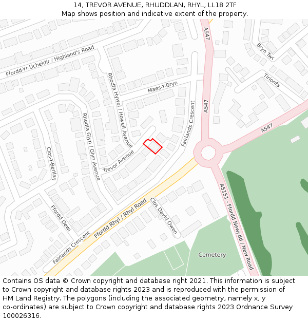 14, TREVOR AVENUE, RHUDDLAN, RHYL, LL18 2TF: Location map and indicative extent of plot