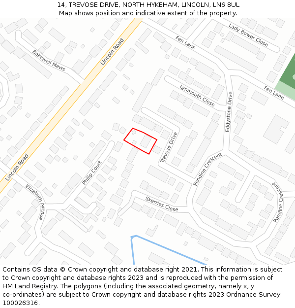 14, TREVOSE DRIVE, NORTH HYKEHAM, LINCOLN, LN6 8UL: Location map and indicative extent of plot