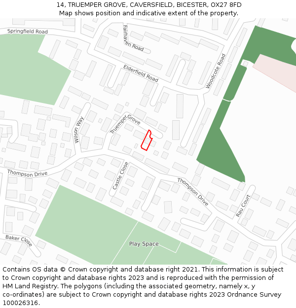 14, TRUEMPER GROVE, CAVERSFIELD, BICESTER, OX27 8FD: Location map and indicative extent of plot
