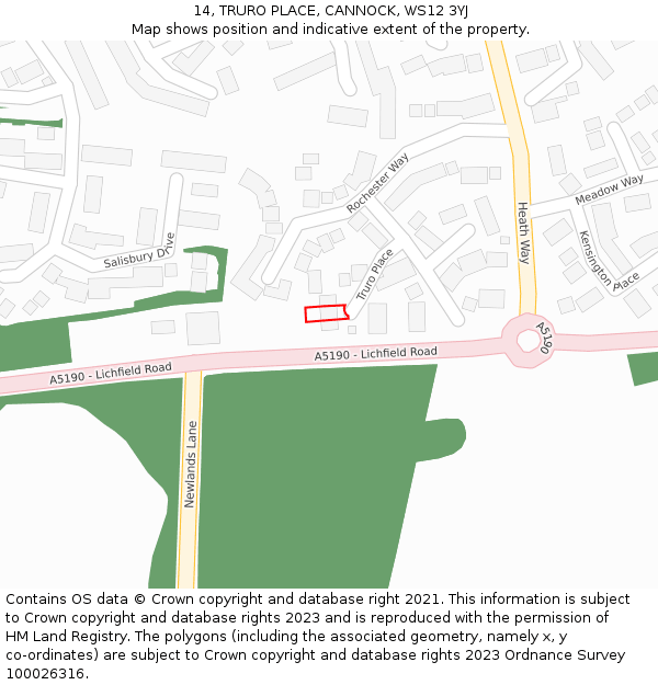 14, TRURO PLACE, CANNOCK, WS12 3YJ: Location map and indicative extent of plot