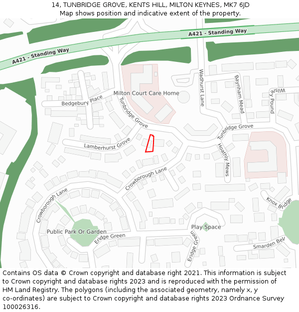 14, TUNBRIDGE GROVE, KENTS HILL, MILTON KEYNES, MK7 6JD: Location map and indicative extent of plot