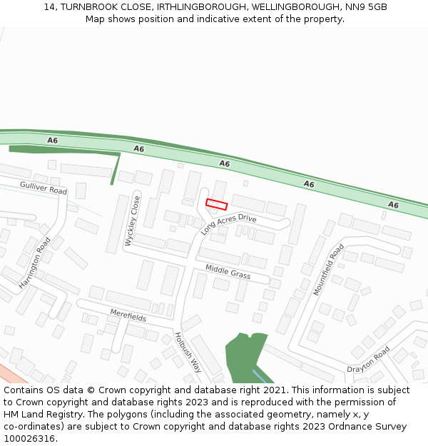 14, TURNBROOK CLOSE, IRTHLINGBOROUGH, WELLINGBOROUGH, NN9 5GB: Location map and indicative extent of plot