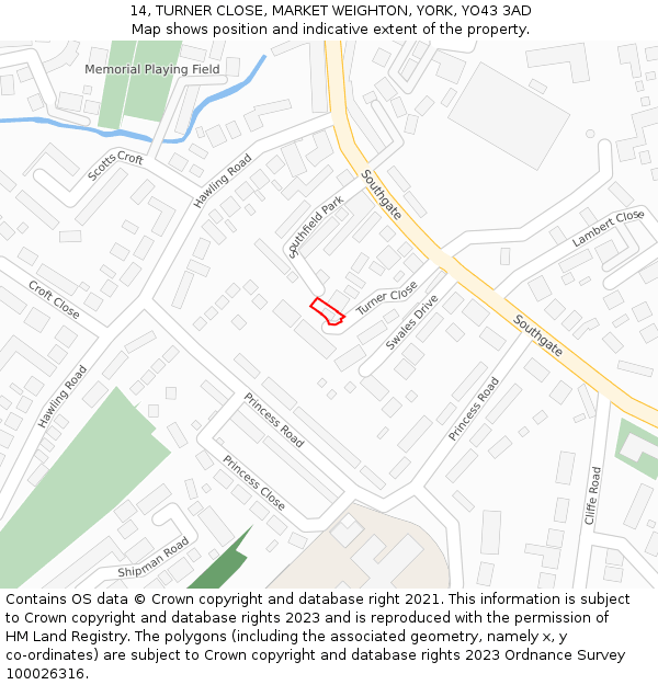 14, TURNER CLOSE, MARKET WEIGHTON, YORK, YO43 3AD: Location map and indicative extent of plot