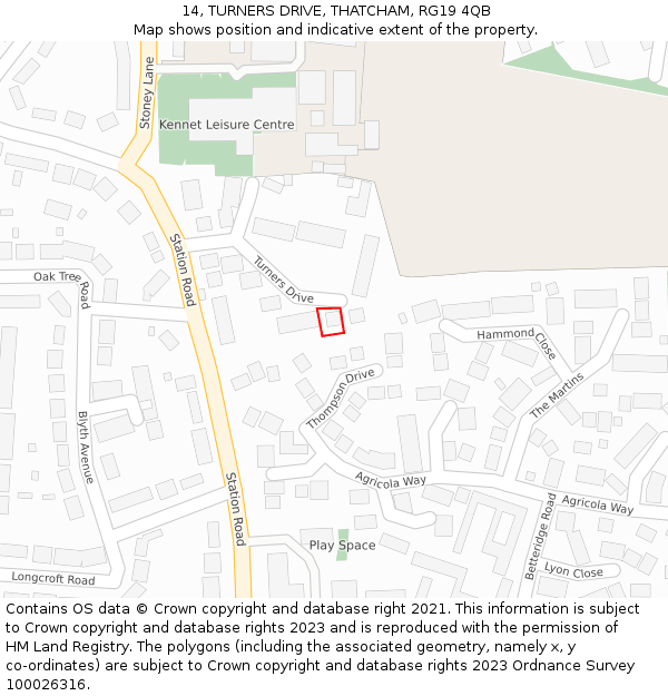 14, TURNERS DRIVE, THATCHAM, RG19 4QB: Location map and indicative extent of plot