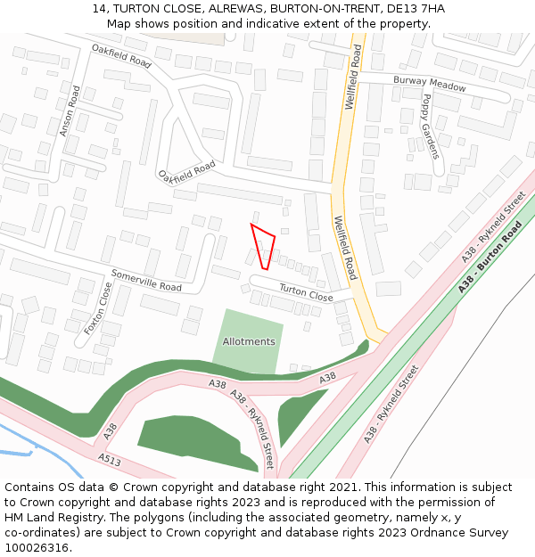 14, TURTON CLOSE, ALREWAS, BURTON-ON-TRENT, DE13 7HA: Location map and indicative extent of plot