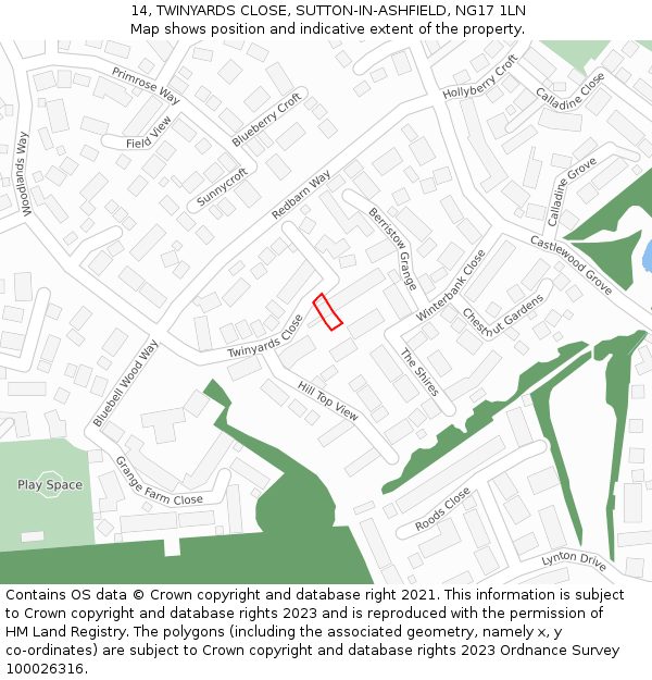14, TWINYARDS CLOSE, SUTTON-IN-ASHFIELD, NG17 1LN: Location map and indicative extent of plot