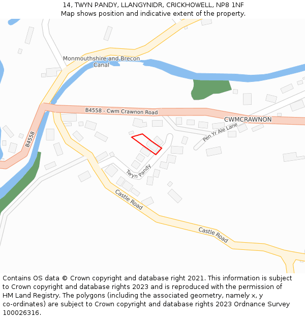 14, TWYN PANDY, LLANGYNIDR, CRICKHOWELL, NP8 1NF: Location map and indicative extent of plot