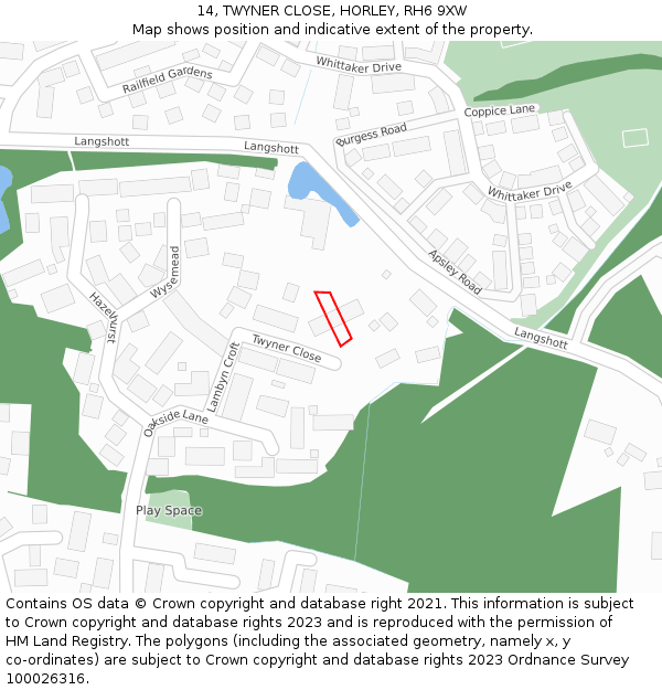 14, TWYNER CLOSE, HORLEY, RH6 9XW: Location map and indicative extent of plot