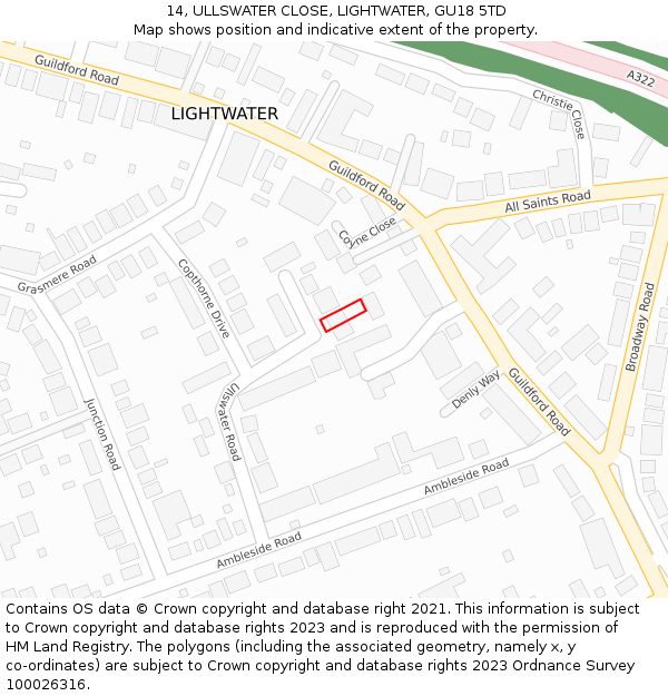 14, ULLSWATER CLOSE, LIGHTWATER, GU18 5TD: Location map and indicative extent of plot